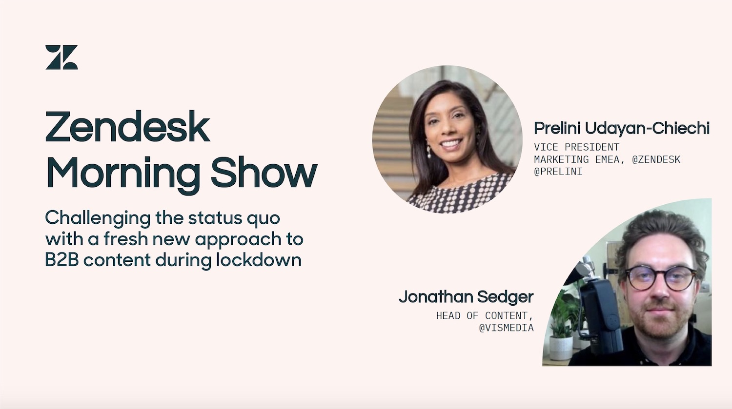 Titlecard for Zendesk Morning Show B2B Ignite presentation featuring Prelini Udayan-Chiechi and Jonathan Sedger
